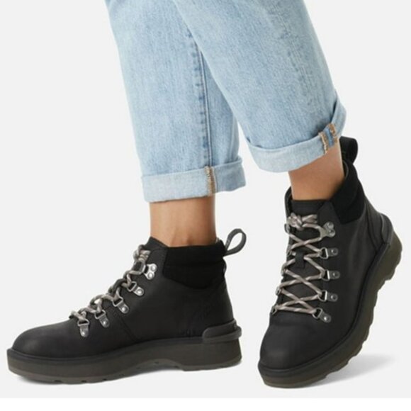 Sorel Hi-Line Hiker Boots Leather Lace Up Booties Black Jet Size 7 NEW - Picture 1 of 7